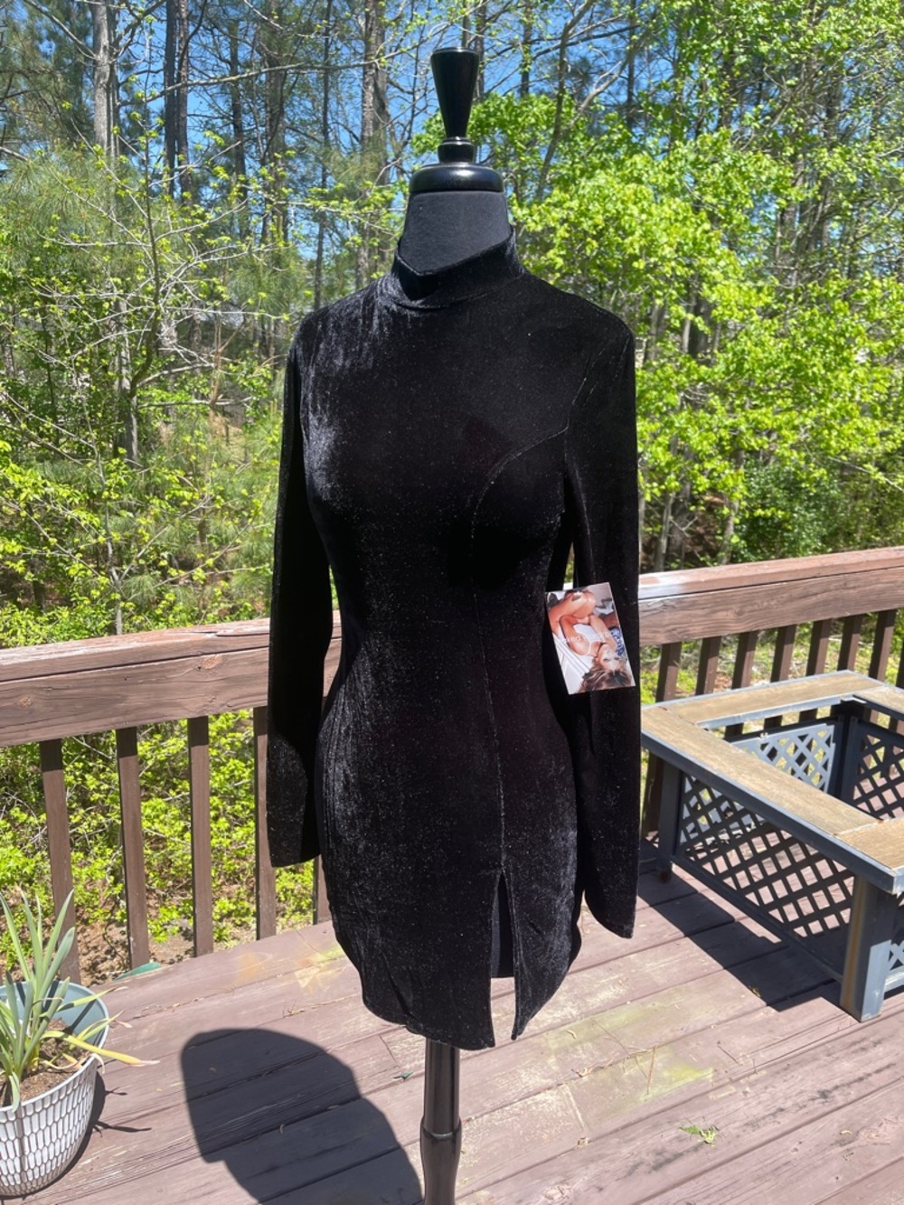 naked wardrobe Black Velvet Long-Sleeve Mini Dress with Front Slit